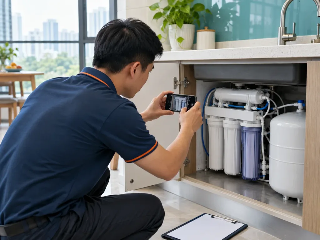 Ảnh minh họa: Ghi nhận t&igrave;nh trạng m&aacute;y lọc nước trước khi thực hiện