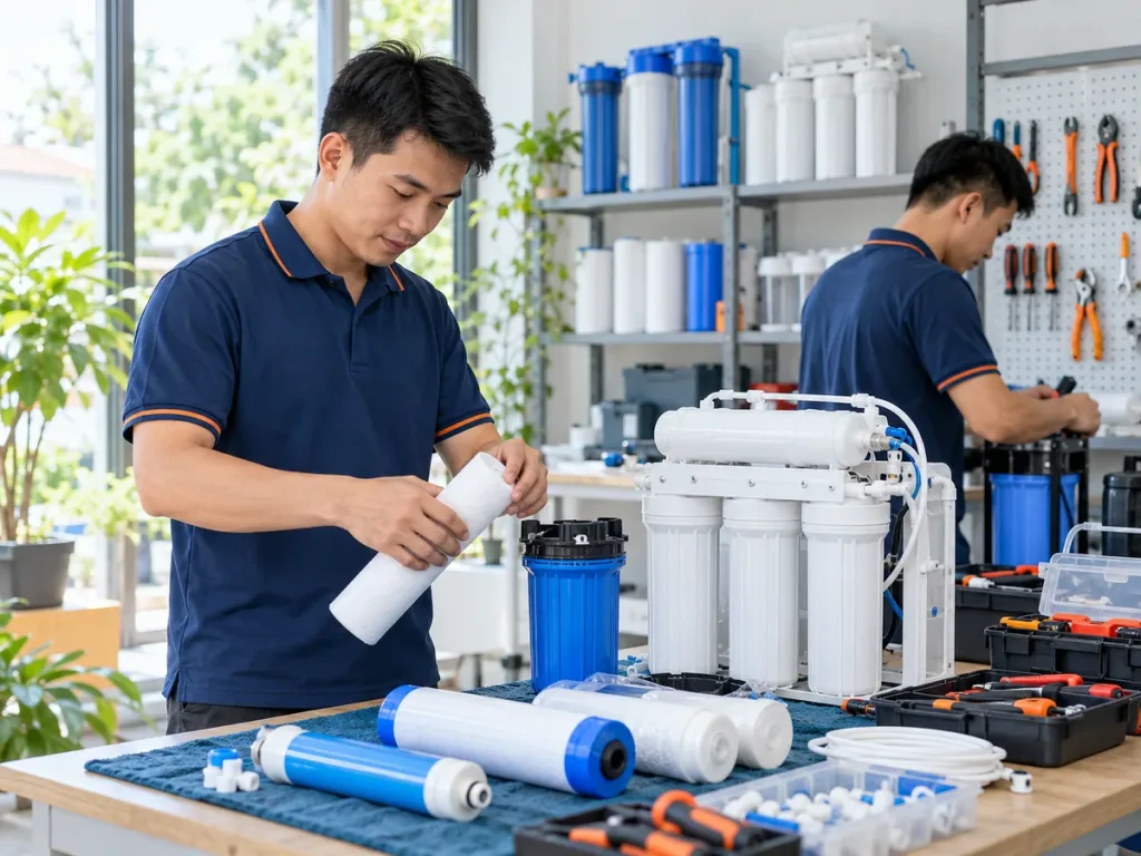 Ảnh minh họa: Hai kỹ thuật viên chuẩn bị dụng cụ và thiết bị lọc nước