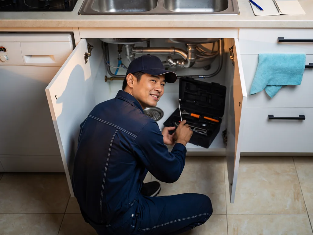 Ảnh minh họa: Kỹ thuật vi&ecirc;n kiểm tra đường nước dưới tủ bồn rửa