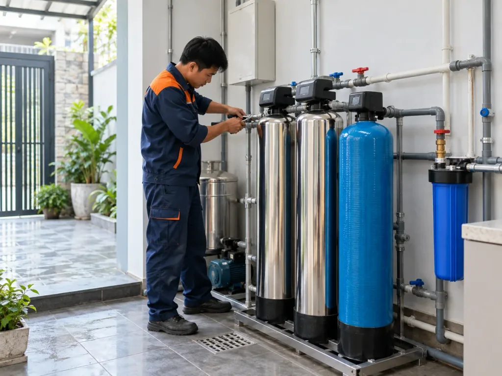 Ảnh minh họa: Kỹ thuật viên lắp đường ống hệ thống lọc tổng