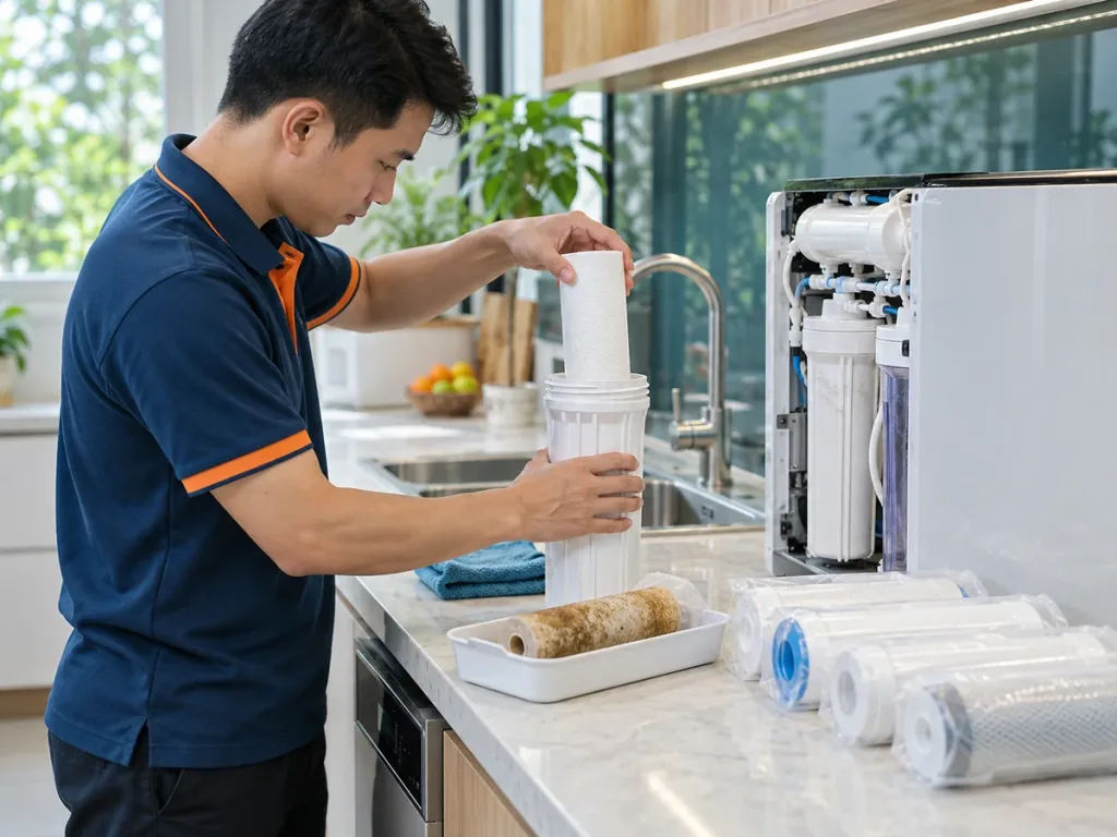 Ảnh minh họa: Lắp l&otilde;i lọc mới v&agrave;o cốc lọc